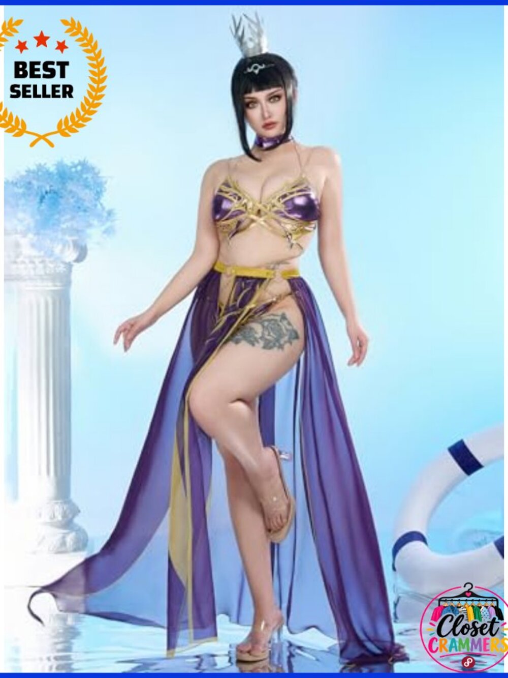 Gothic Swimsuit Bikini Set with Wrap Skirt Choker Cosplay Rave Bathing Suit